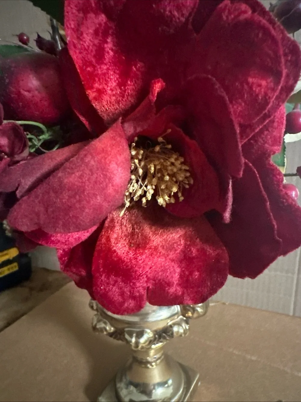 Bombay Red and Yellow Faux Floral Arrangement in Gold ceramic Urn 12”